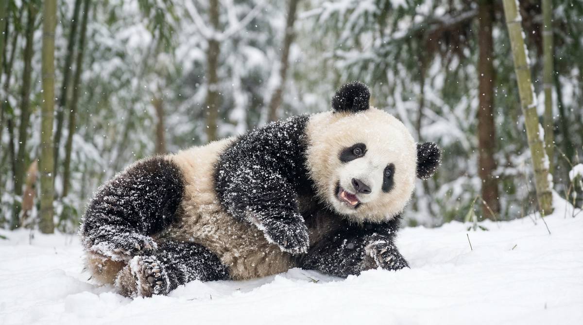 猎奇熊猫雪地嬉戏视频
